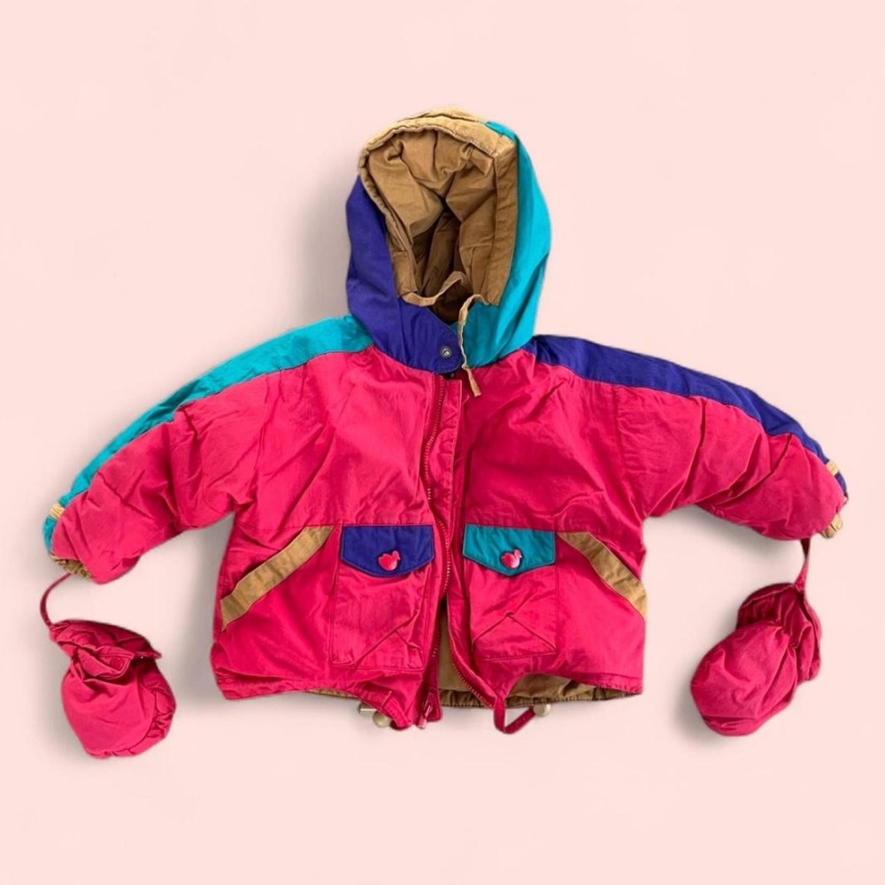 Vintage 90s Brambilla multicoloured toddler snow jacket with hood and mittens